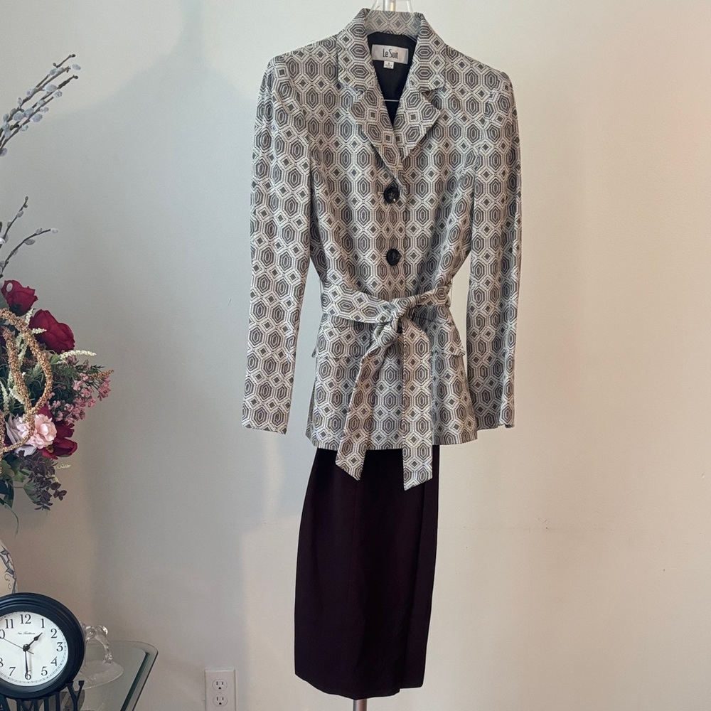 Le Suit Geometric Pattern Pantsuit with Tie Waist